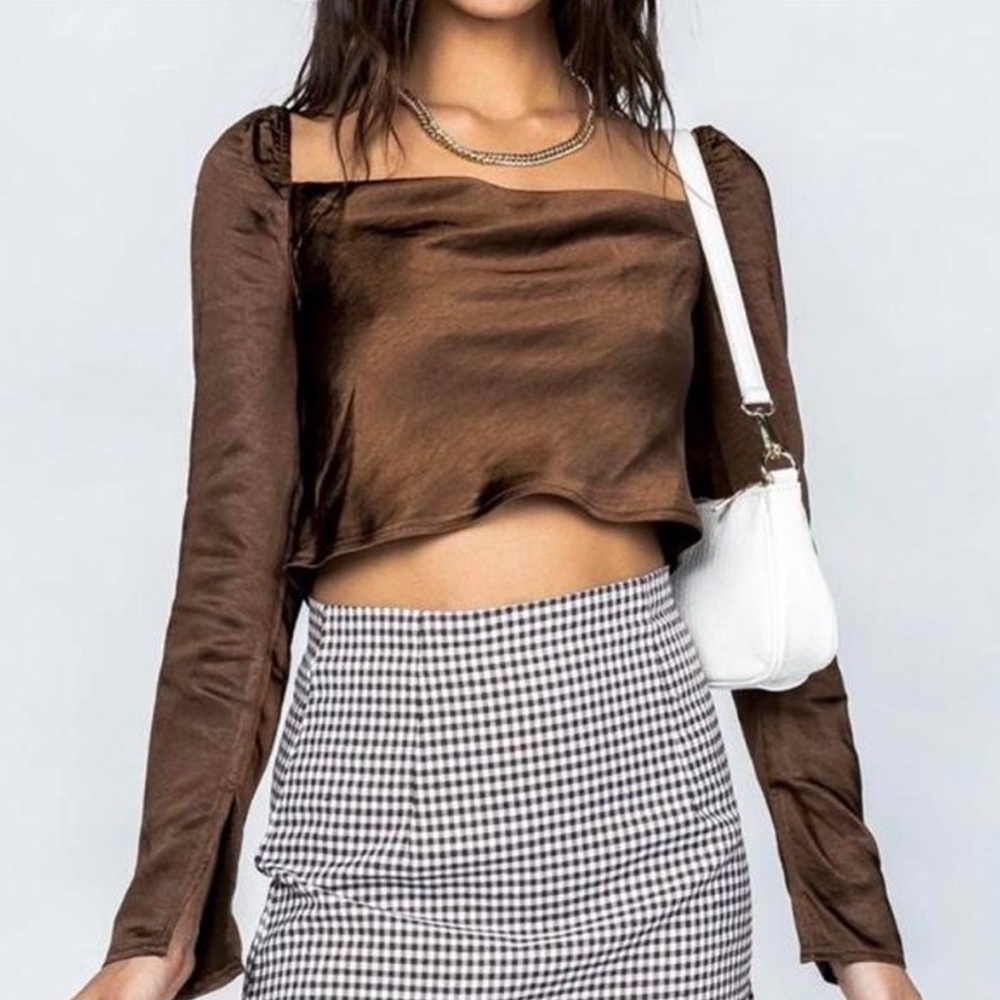 Princess Polly Brown Satin Long Sleeve Crop Top - Size 6